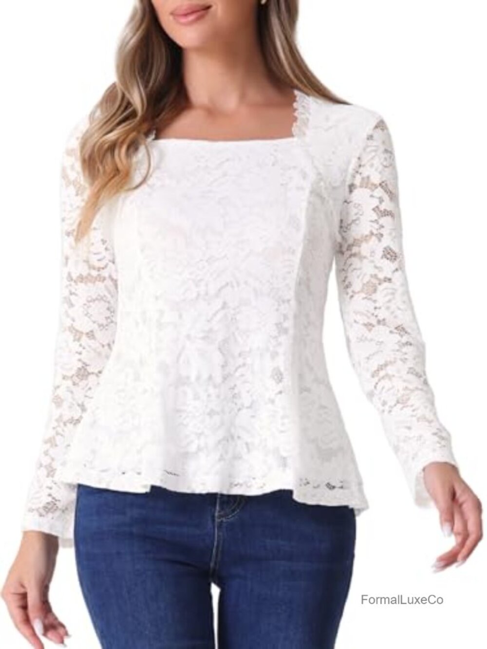 Lace Peplum Blouse Square Neck Long Sleeve Dressy Casual Top